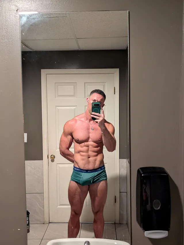 Follow me into the locker room bathroom