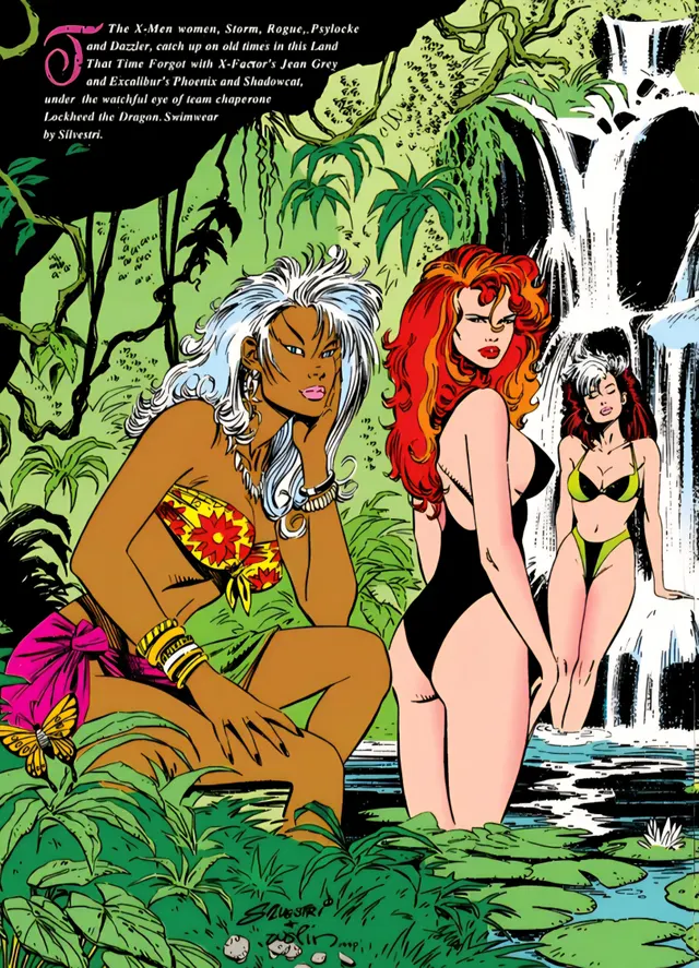 Storm Jean Grey Rogue Rachel Summers Psylocke Dazzler and Kitty Pryde looking lovely in swimwear [ Marvel Illustrated Swimsuit Issue ]