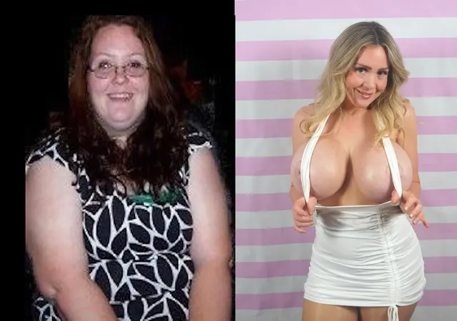 My bimbofication progress - Left, obese & self conscious young woman - right, sexy bimbo MILF making dicks hard on cam and going in for her 5th boob job in Feb.
