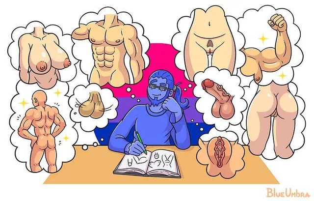 Feels like this belongs here. So many bi thoughts to have. Artist is BlueUmbra.