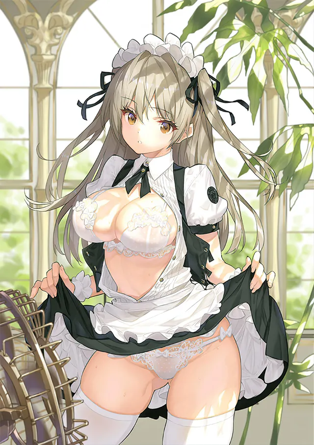 Maid showing her white lingerie