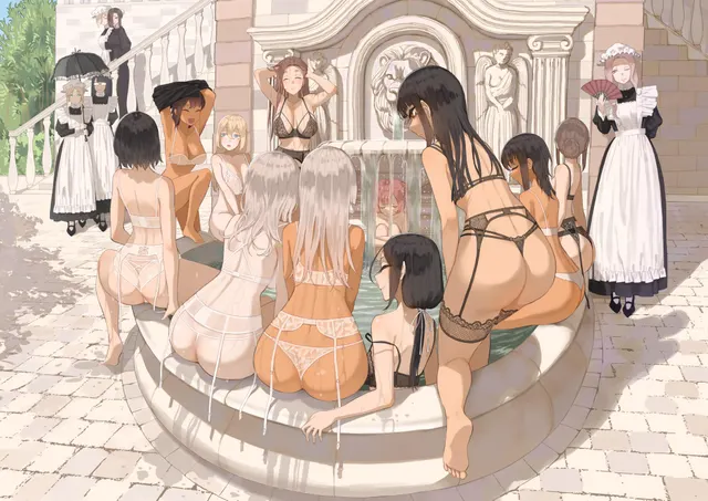 Maids in Lingerie enjoying the fountain
