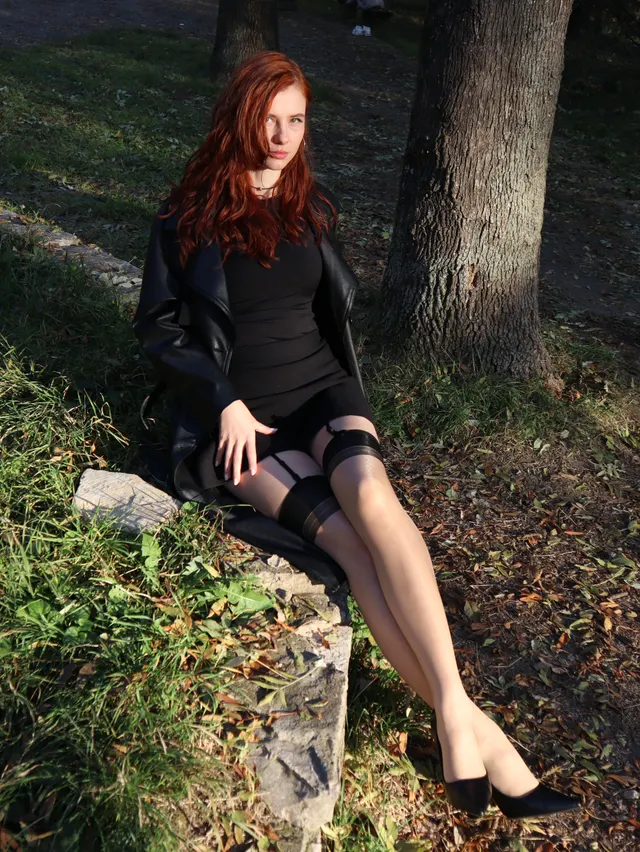 A tight pencil skirt, Cuban stockings, and a black leather coat🖤How do you like that combination?