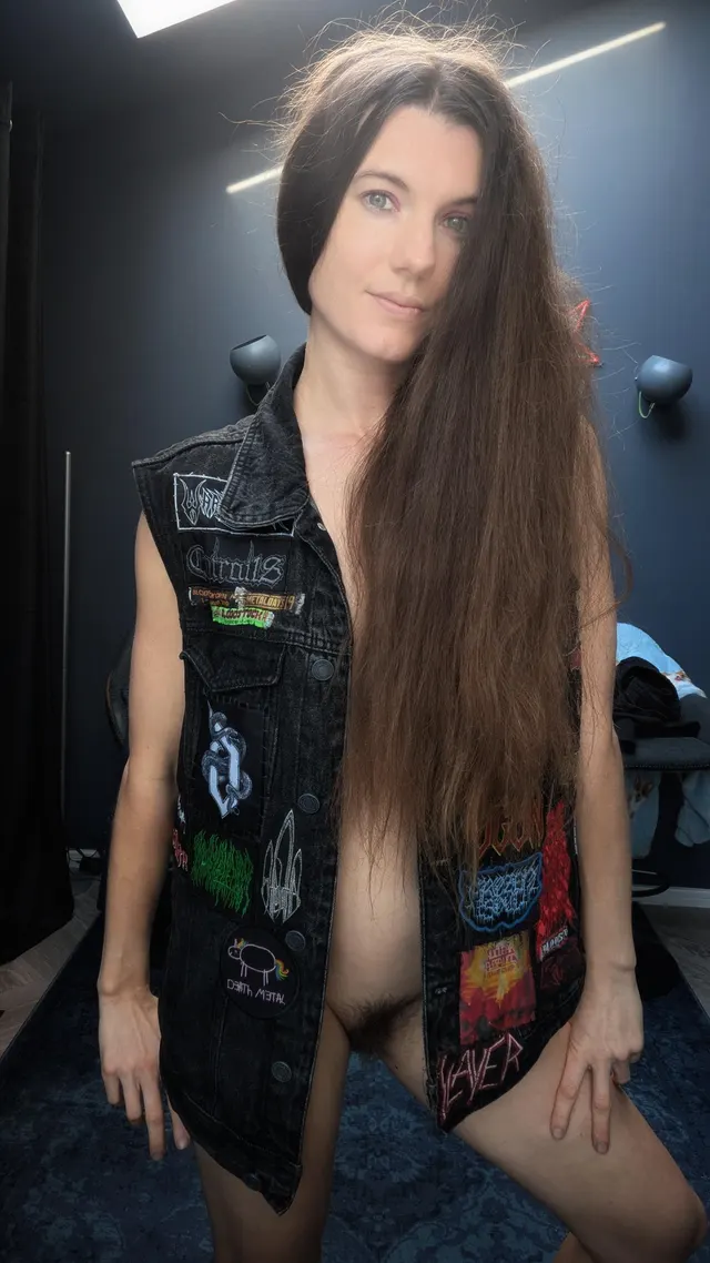 Hairy metalhead just showing off her patches and bush x