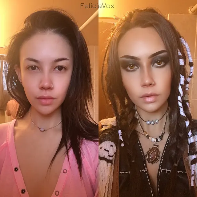 Before and after Freya cosplay makeup