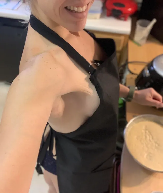 It’s normal to make break[F]ast with just an apron and undies on, right? 😉