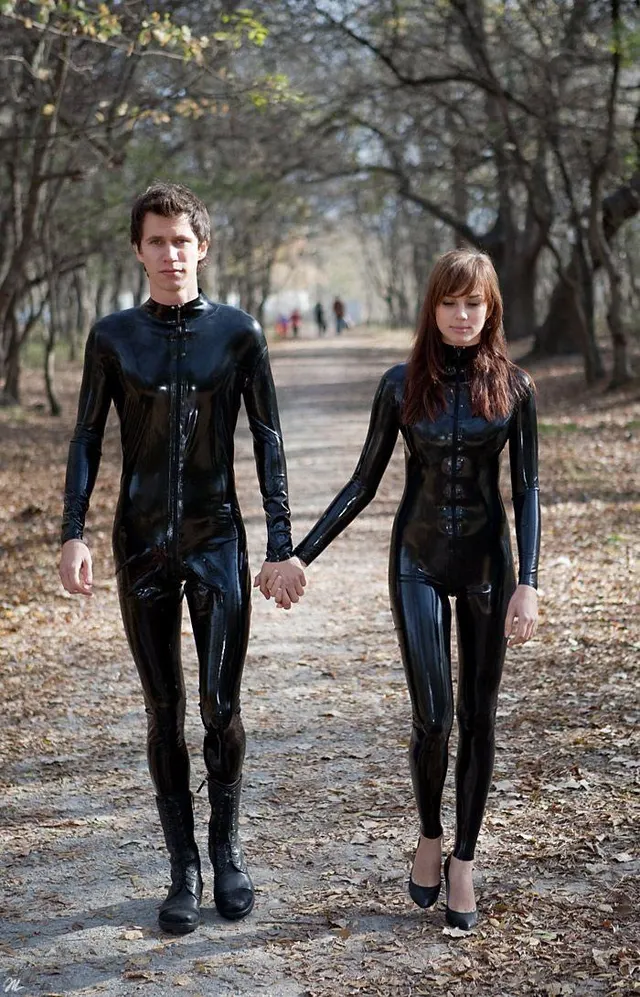 Out for a stroll with her boyfriend. For some reason people don’t look at you as funny these days when you are dressed in latex in public!