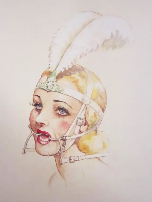 Painting by John Willie. Lovely watercolor, soft colors to contrast to what looks like a brutal curb-bit gag.