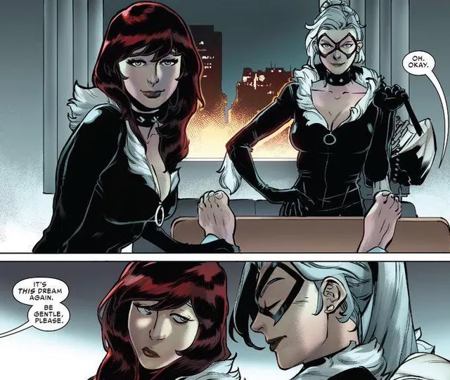 Peter Parker canonically admits of having dreams about being topped by Mary Jane and Black Cat. Guess he really IS the most relatable hero!