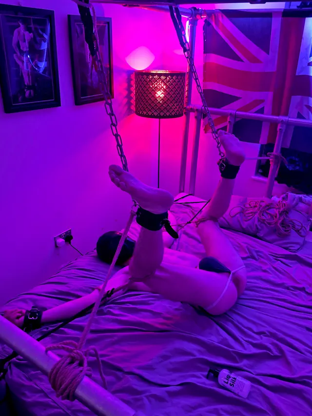Tied up like this all night while a dom fuck buddy invited all the tops on Grindr…