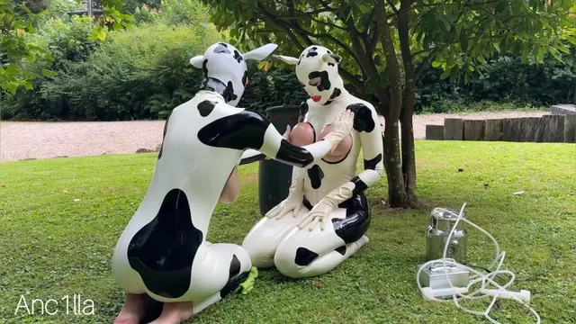 Two latex hucows getting their big tits milked